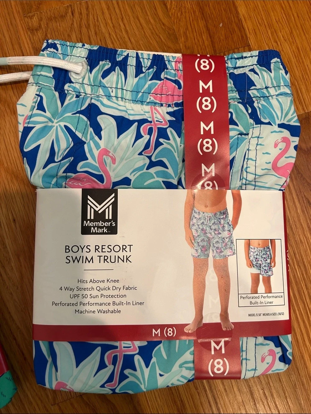 Member’s Mark Boys Resort Swim Trunk size 8 dinosaur black / flamingo blue print